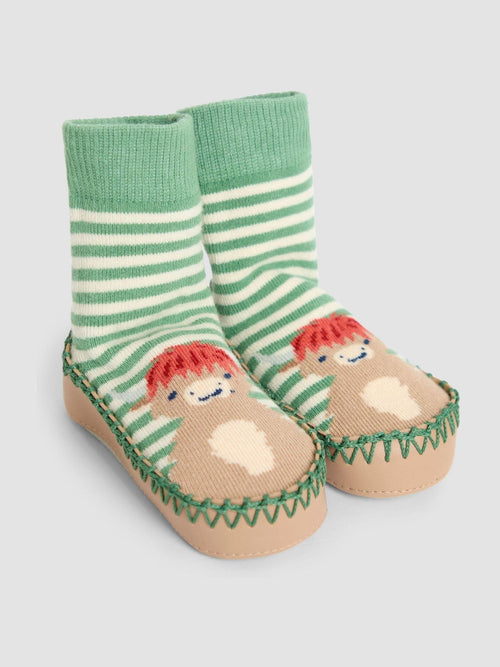 JoJo Maman Bébé Green Highland Cow Moccasin Slipper Socks image 1