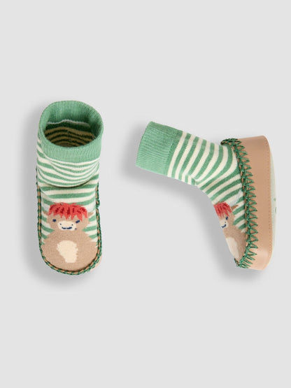 JoJo Maman Bébé Green Highland Cow Moccasin Slipper Socks image 3