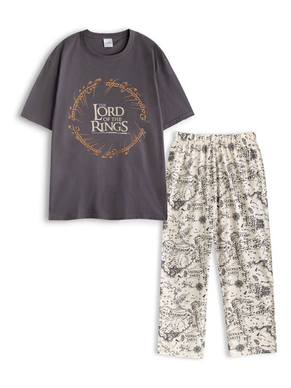 Vanilla Underground Grey Mens Lord Of The Rings Grey Short Sleeve Long Leg 100% Cotton Pyjamas Set - image 1