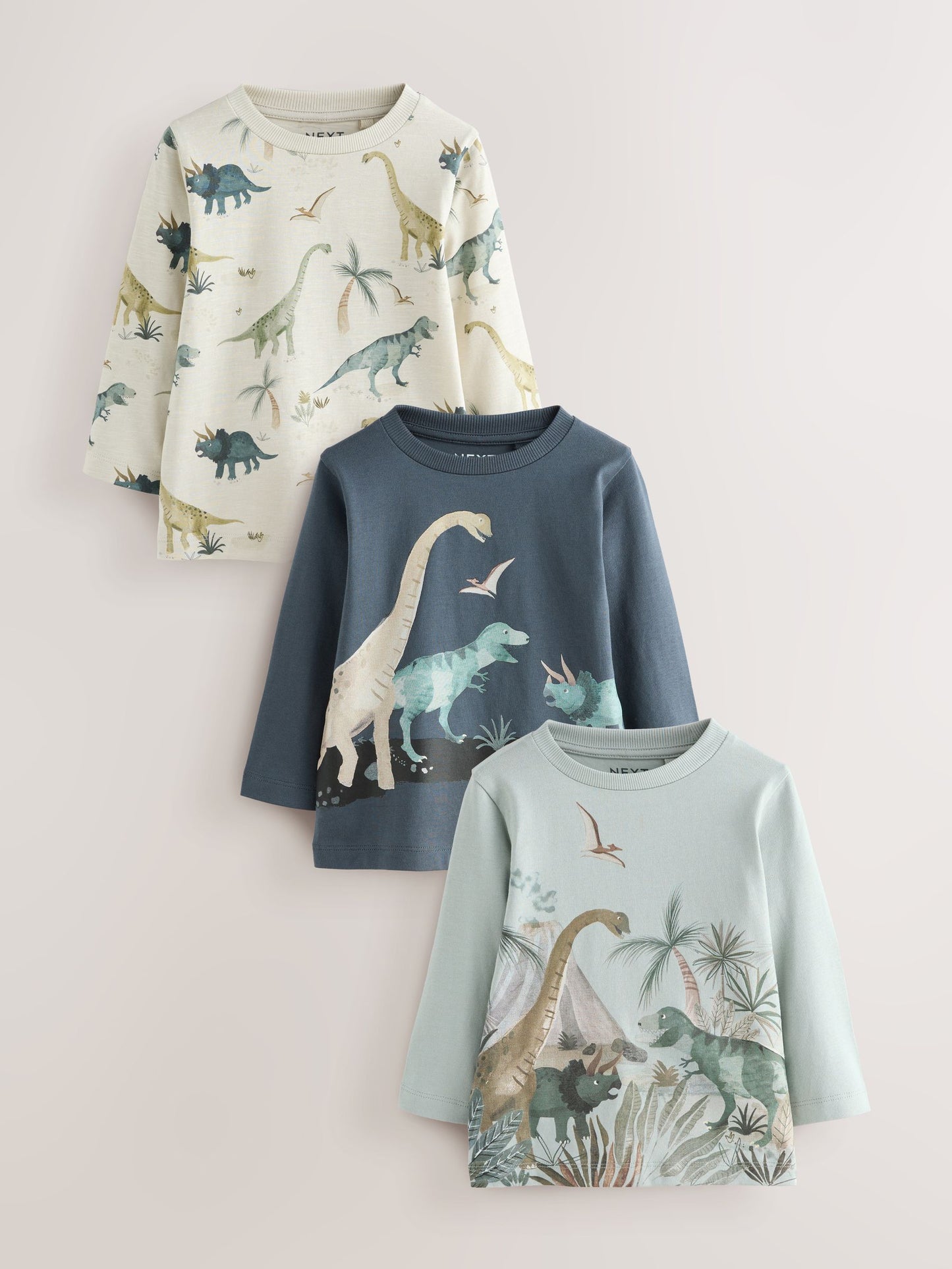 Mineral Watercolour Dinosaur Long Sleeve Graphic Print T-Shirts 3 Pack (3mths-7yrs) image 1