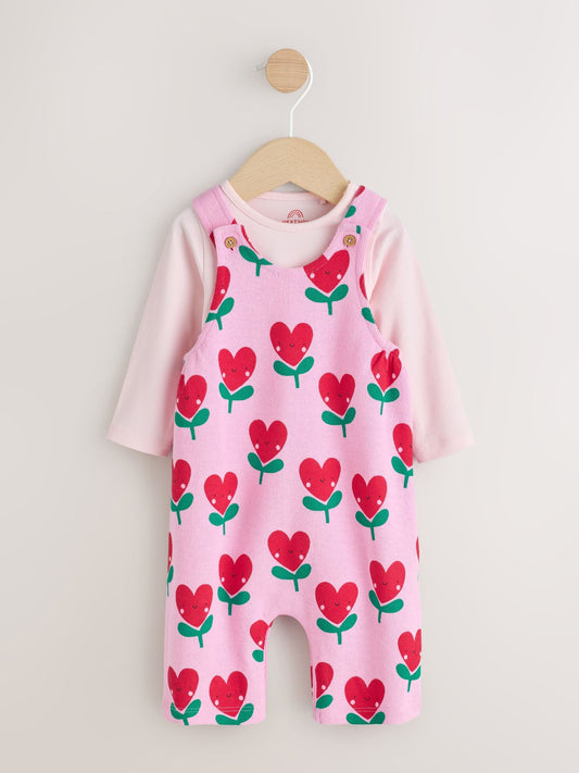 Pink Baby Dungarees and Long Sleeve Bodysuits Set 2 Piece (0mths-3yrs) image 1