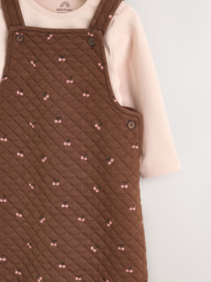 Brown Cherry Quilted Dungaree and Bodysuit Baby 2 Piece Set (0mths-3yrs)