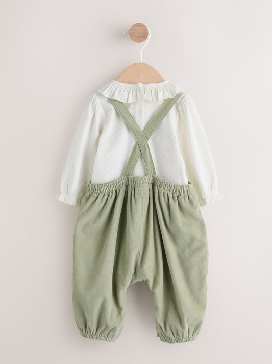 Sage Green Embroidered Long Sleeve Bodysuit and Cord Dungaree 2 Piece Baby Set (0mths-3yrs) image 3