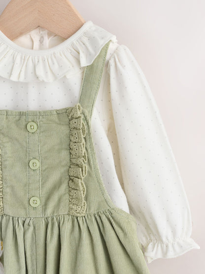 Sage Green Embroidered Long Sleeve Bodysuit and Cord Dungaree 2 Piece Baby Set (0mths-3yrs)