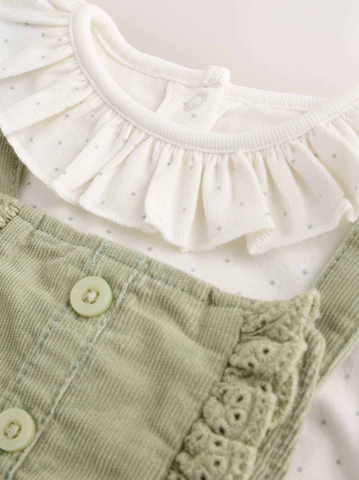 Sage Green Embroidered Long Sleeve Bodysuit and Cord Dungaree 2 Piece Baby Set (0mths-3yrs)