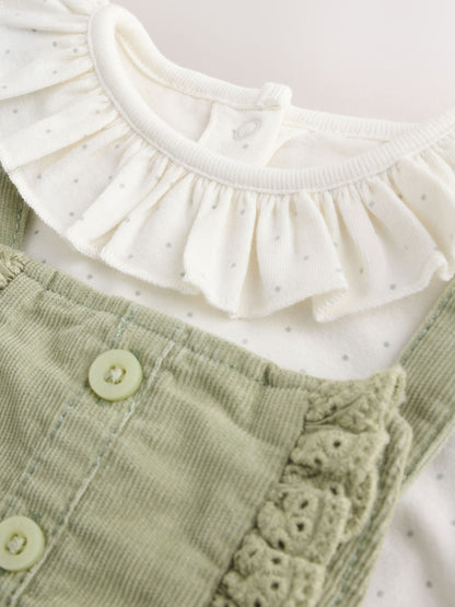 Sage Green Embroidered Long Sleeve Bodysuit and Cord Dungaree 2 Piece Baby Set (0mths-3yrs)