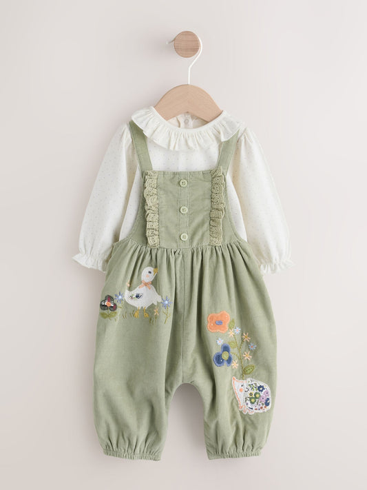 Sage Green Embroidered Long Sleeve Bodysuit and Cord Dungaree 2 Piece Baby Set (0mths-3yrs) image 1