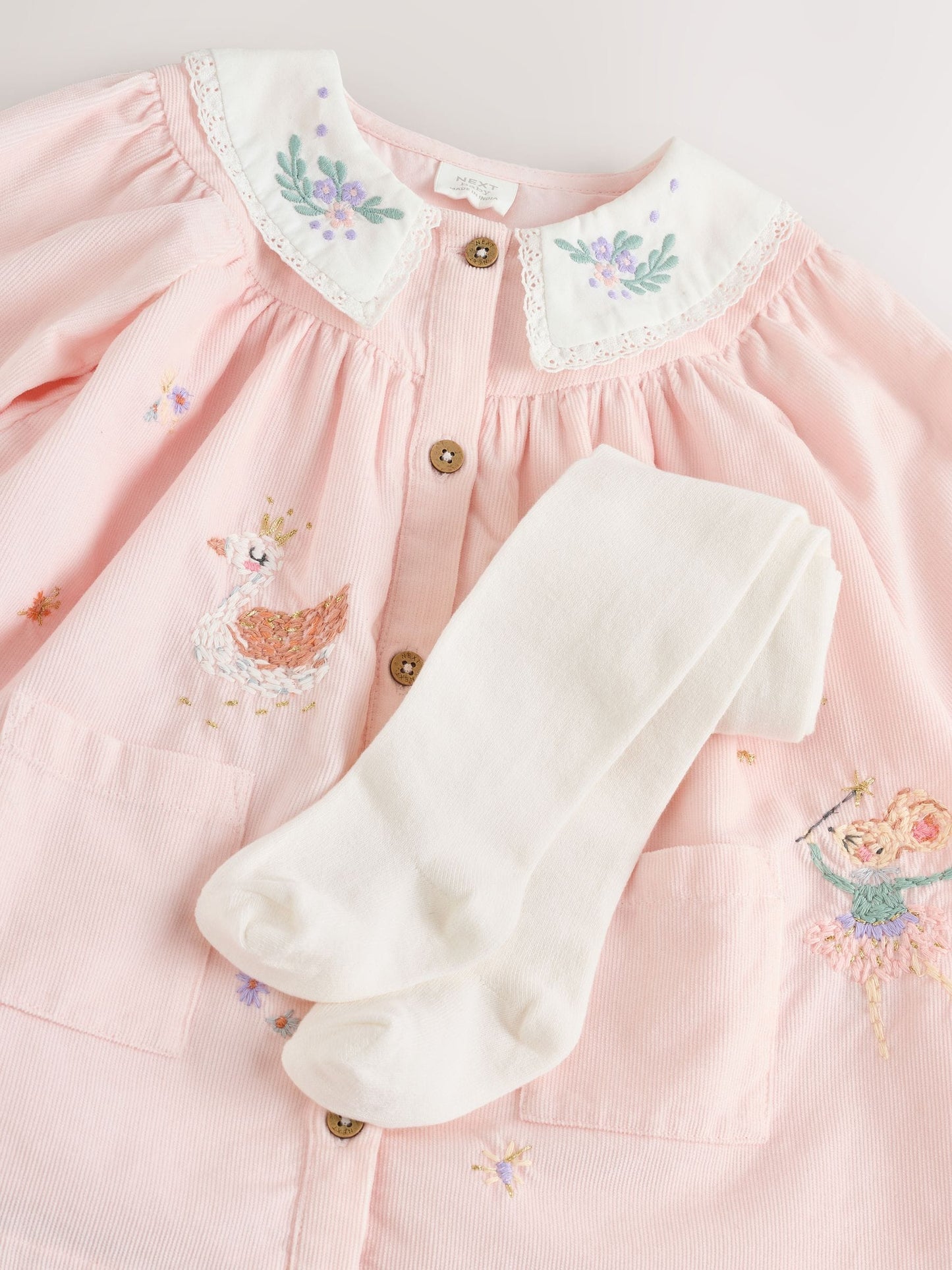 Pink Fairy Mouse Baby Woven Collar Dress with Tights (0mths-2yrs)