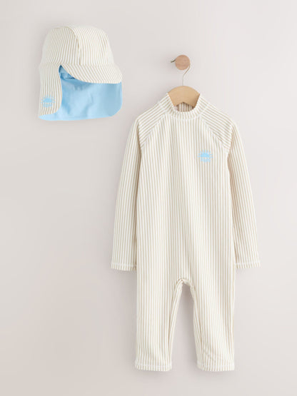 Neutral Stripe Sunsafe Swimsuit and Hat Set (3mths-7yrs) image 1