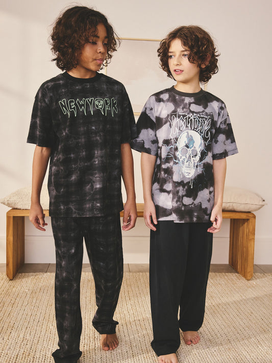 Black/Grey Skull Long Sleeve Pyjamas 2 Pack (3-16yrs) image 1