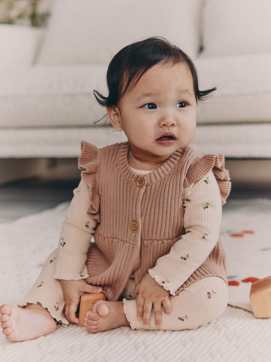 Neutral Cherry Knitted Gilet, Long Sleeve Top and Leggings 3 Piece Set (0mths-3yrs) image 1