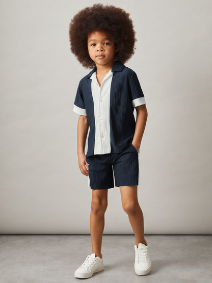 Dsiney Kidz - Reiss Navy/White Armen 9-13 yrs Plissé Colour-Block Shirt image 3