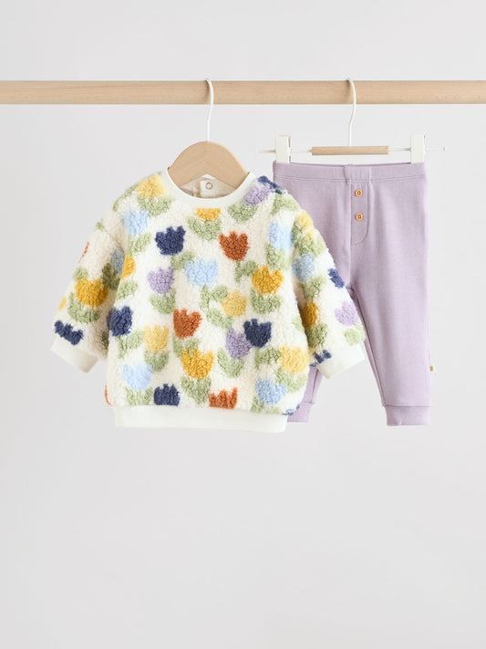 Cream/Purple Tulip Baby Fleece Tops and Leggings Set 2 Piece (0mths-2yrs) image 1