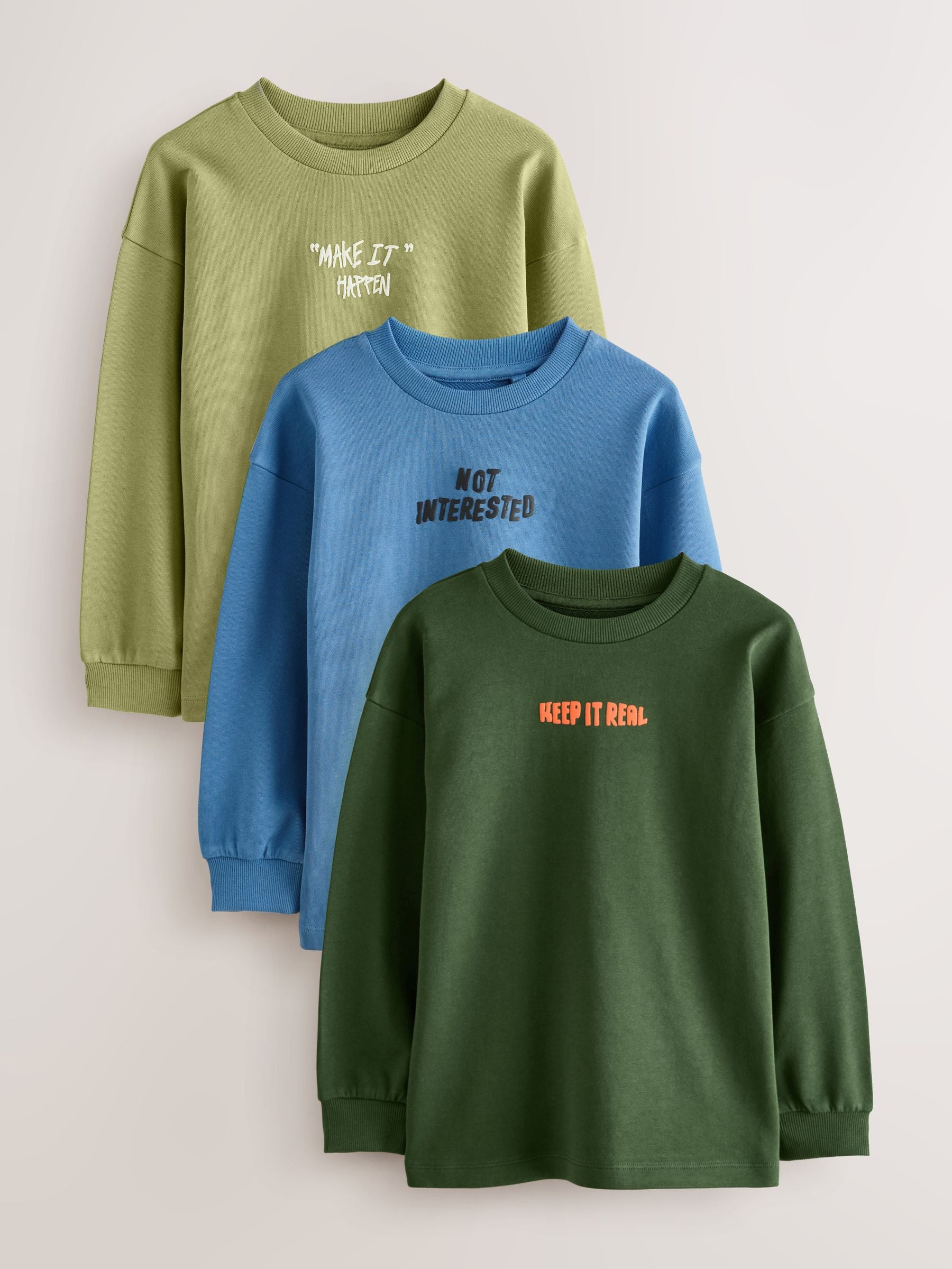 Dsiney Kidz - Blue/Green Graphic Relaxed Fit Long Sleeve Heavyweight T-Shirts 3 Pack (3-16yrs) image 1