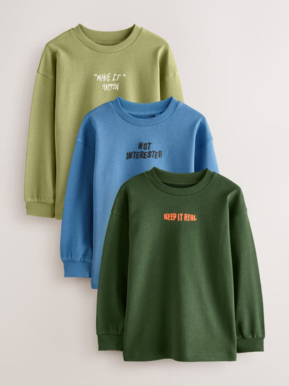 Dsiney Kidz - Blue/Green Graphic Relaxed Fit Long Sleeve Heavyweight T-Shirts 3 Pack (3-16yrs) image 1