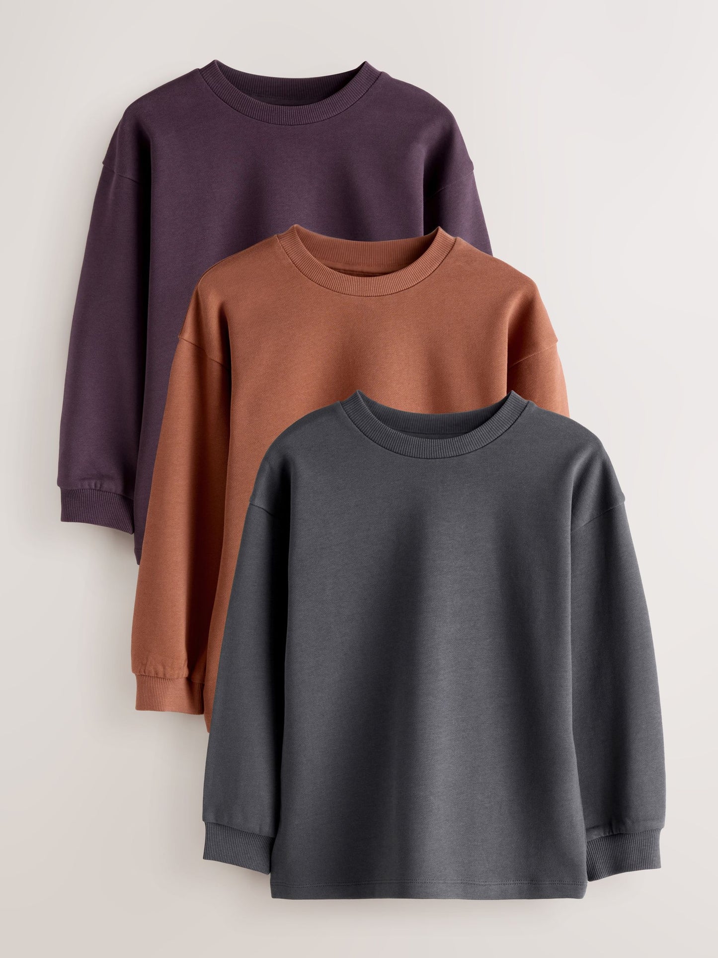 Dsiney Kidz - Charcoal/Berry/Tan Relaxed Fit Long Sleeve Heavyweight T-Shirts 3 Pack (3-16yrs) image 1