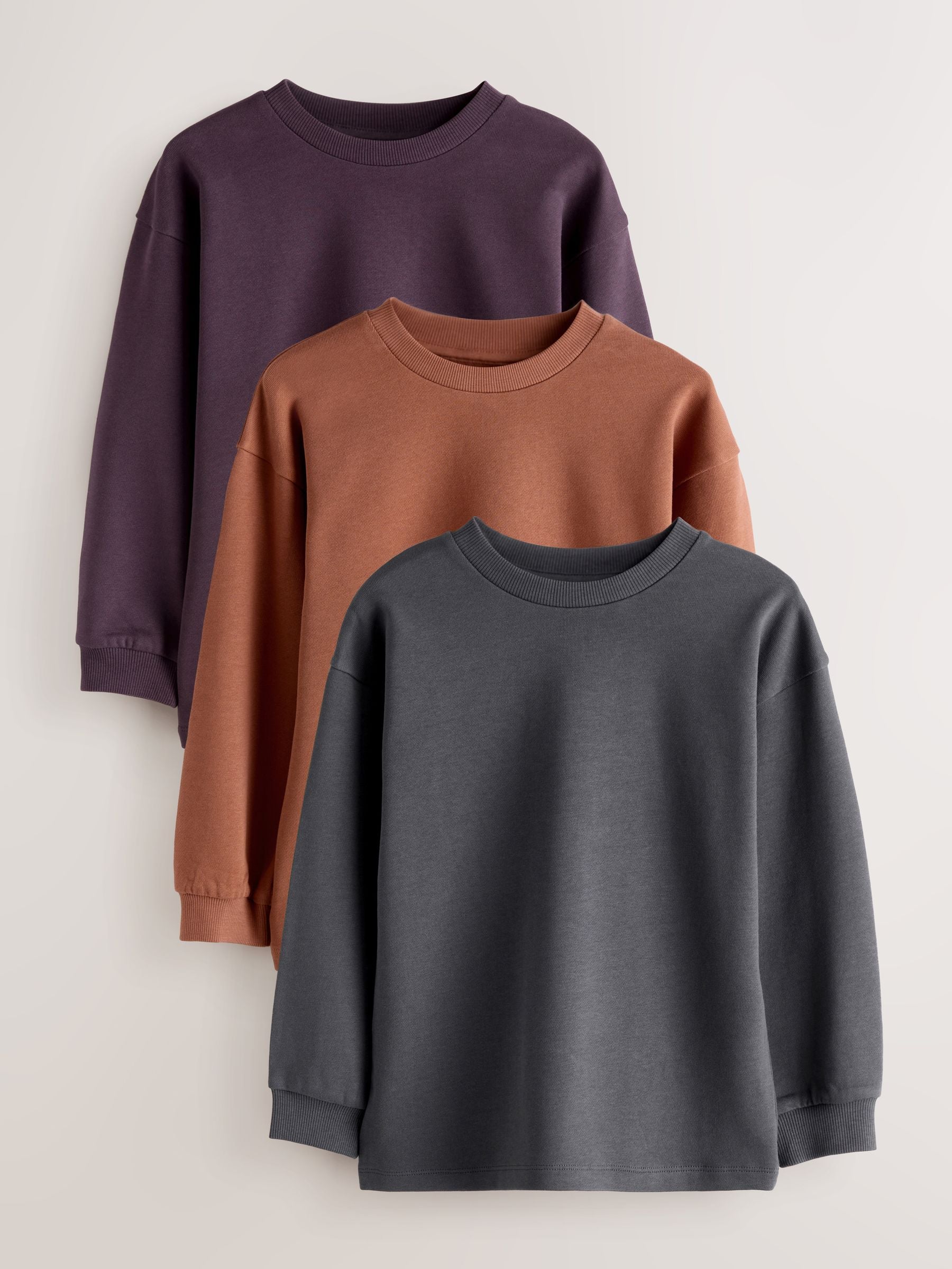 Dsiney Kidz - Charcoal/Berry/Tan Relaxed Fit Long Sleeve Heavyweight T-Shirts 3 Pack (3-16yrs) image 1