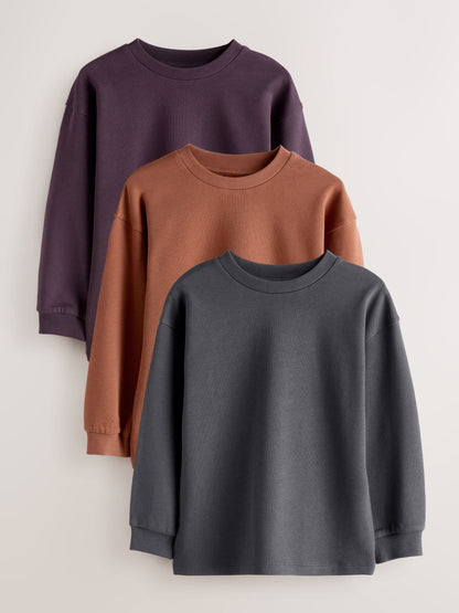 Dsiney Kidz - Charcoal/Berry/Tan Relaxed Fit Long Sleeve Heavyweight T-Shirts 3 Pack (3-16yrs) image 1