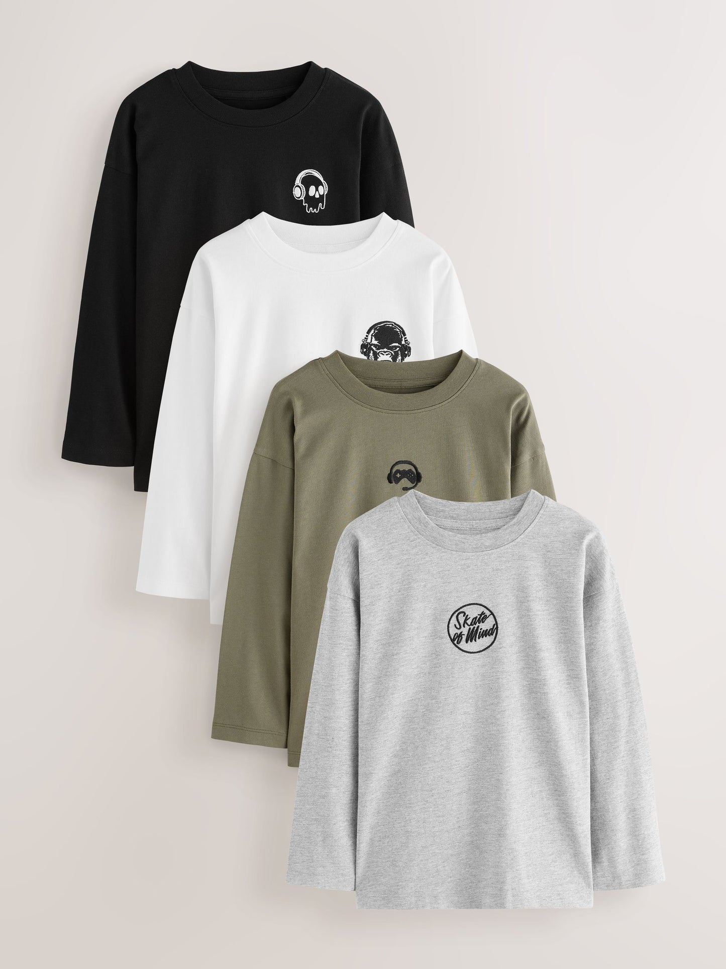Dsiney Kidz - Black/White/Grey Marl/Khaki Long Sleeve Small Graphic T-Shirts 4 Pack (3-16yrs) image 1