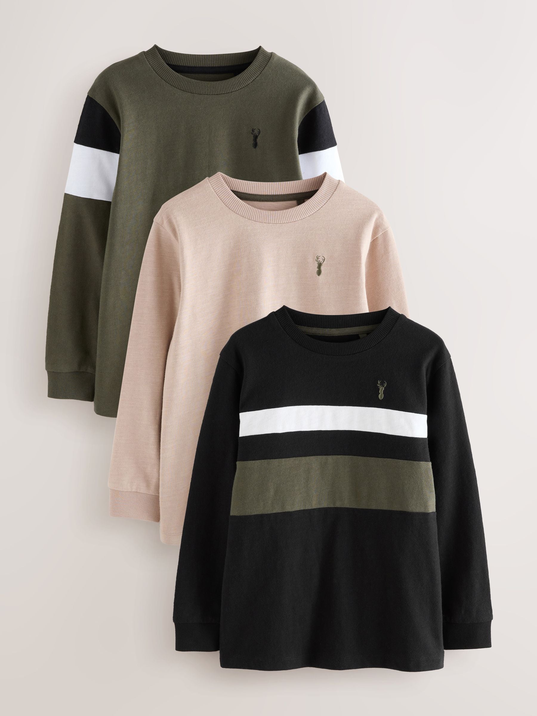 Dsiney Kidz - Black/Khaki/Stone Long Sleeve Colourblock T-Shirts 3 Pack (3-16yrs) image 1
