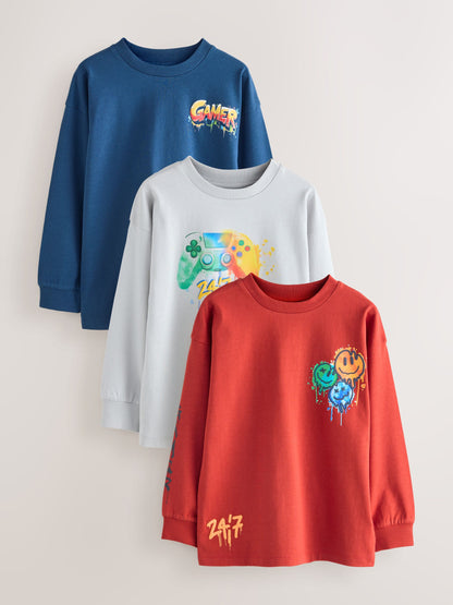 Dsiney Kidz - Navy/Grey/Red Gamer Relaxed Fit Graphic Print Long Sleeve T-Shirts 3 Pack (3-16yrs) image 1
