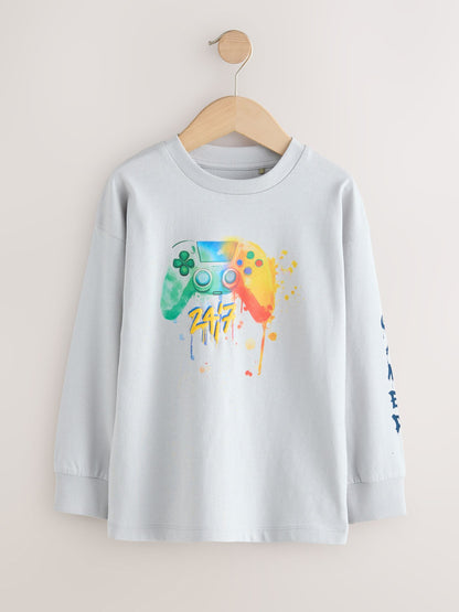 Dsiney Kidz - Navy/Grey/Red Gamer Relaxed Fit Graphic Print Long Sleeve T-Shirts 3 Pack (3-16yrs) image 3