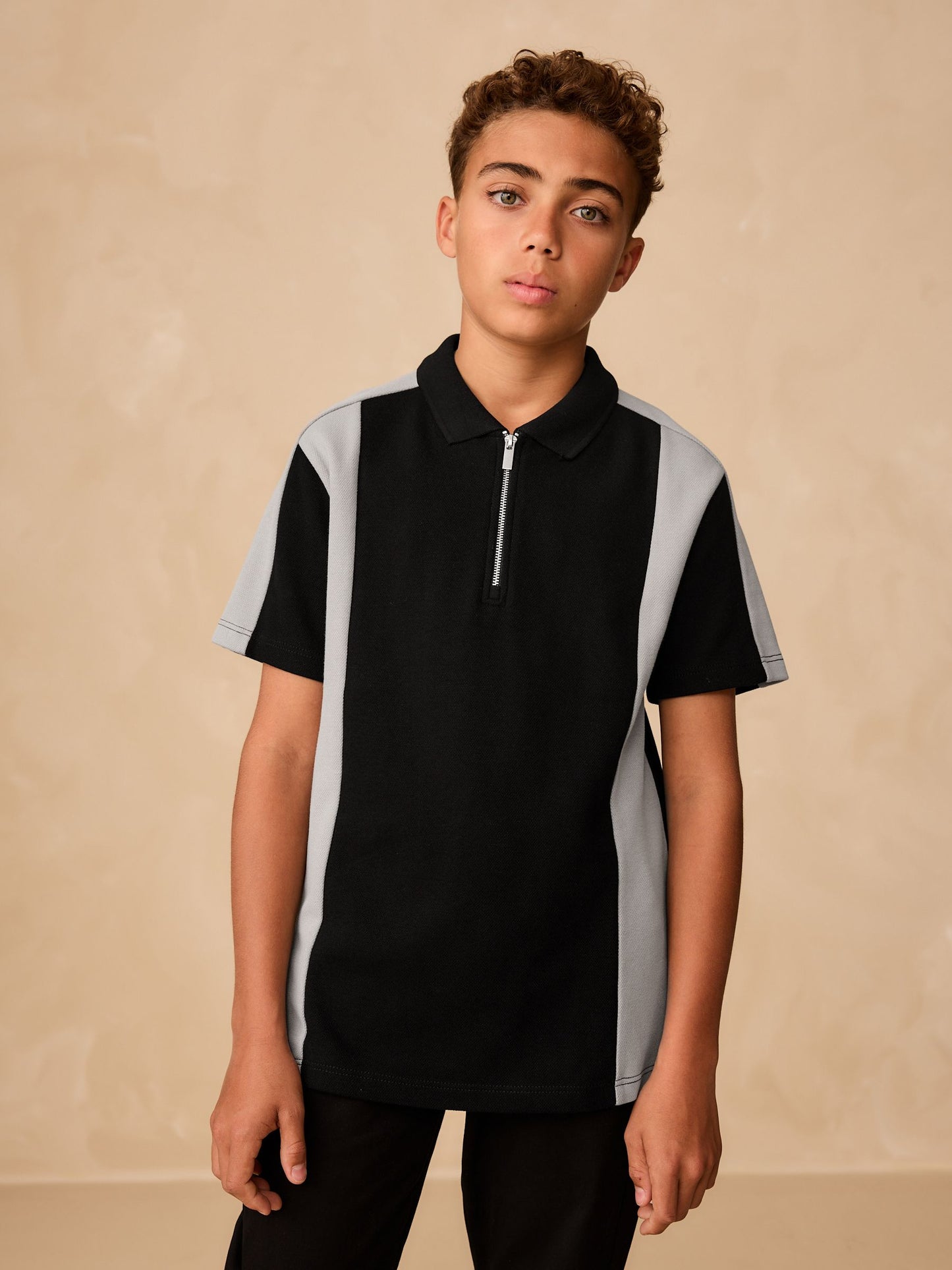 Dsiney Kidz - Black/Grey Zip Neck Textured Colourblock Polo Shirt (3-16yrs) image 1