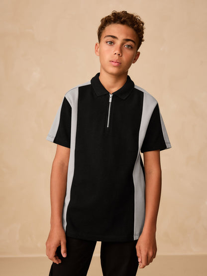Dsiney Kidz - Black/Grey Zip Neck Textured Colourblock Polo Shirt (3-16yrs) image 1