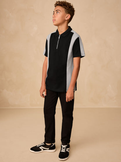 Dsiney Kidz - Black/Grey Zip Neck Textured Colourblock Polo Shirt (3-16yrs) image 2