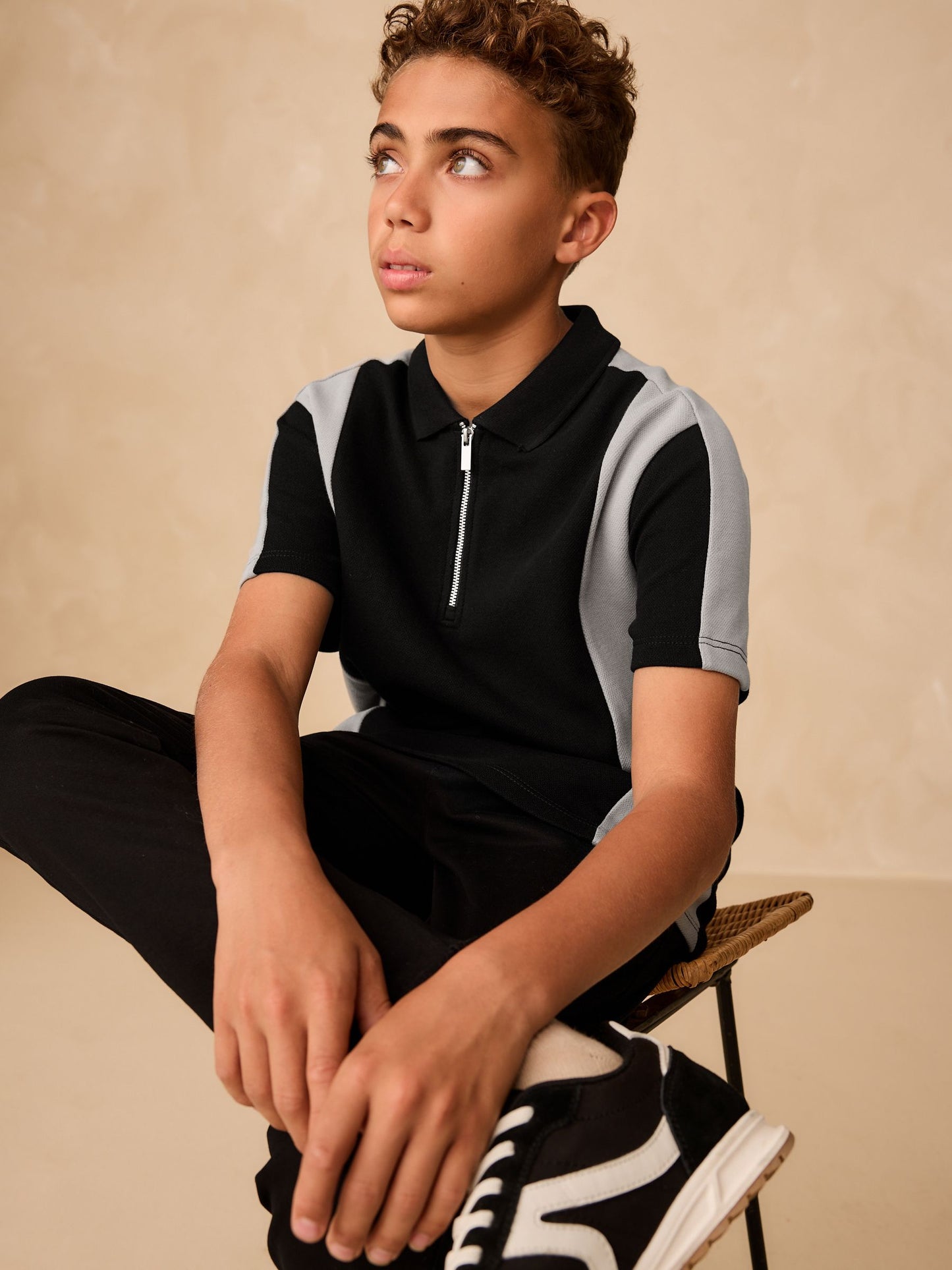 Dsiney Kidz - Black/Grey Zip Neck Textured Colourblock Polo Shirt (3-16yrs) image 4