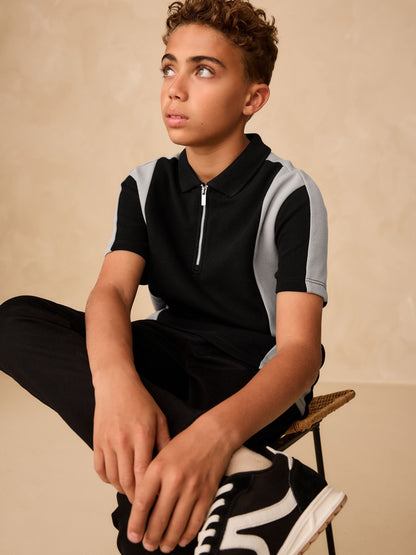 Dsiney Kidz - Black/Grey Zip Neck Textured Colourblock Polo Shirt (3-16yrs) image 4
