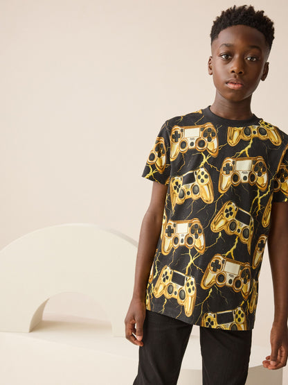 Dsiney Kidz - Black/Gold Controller Regular Fit Short Sleeve All-Over Print T-Shirt (3-16yrs) image 1