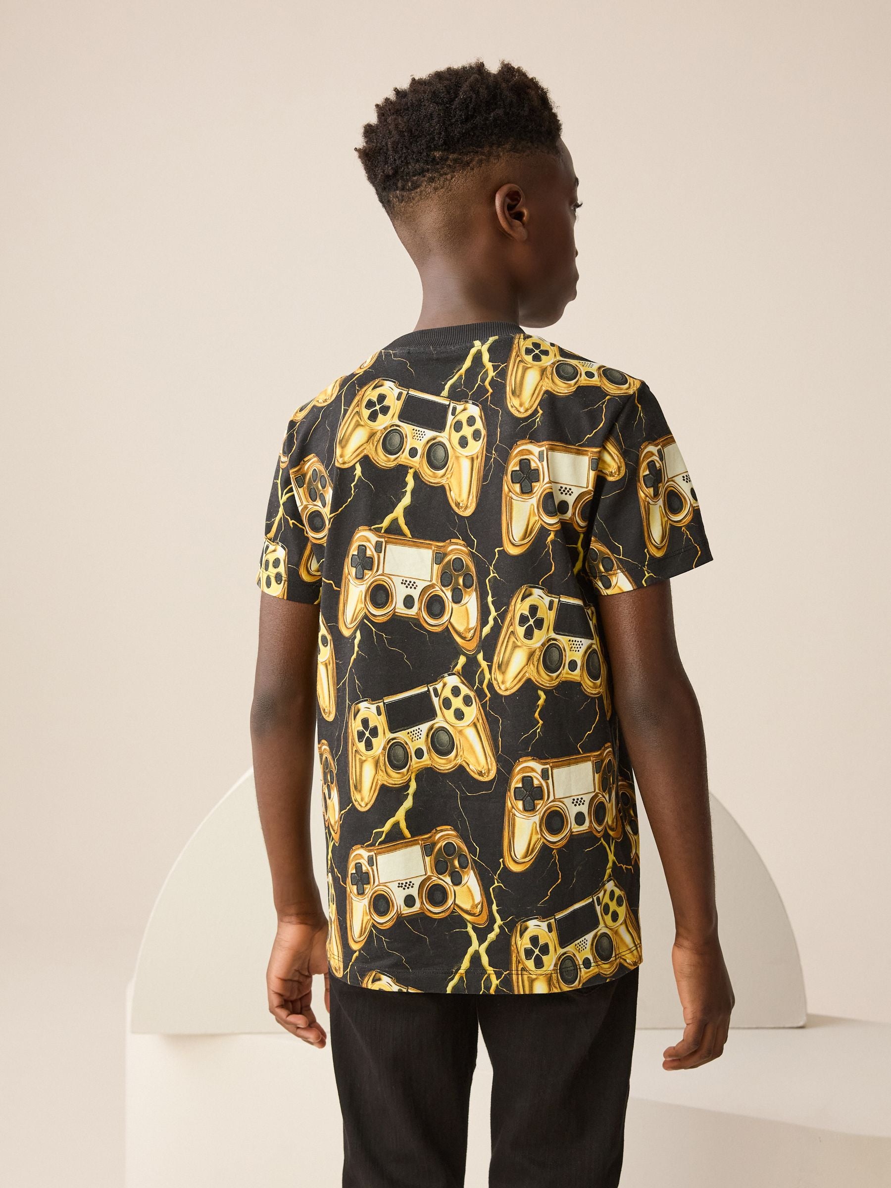 Dsiney Kidz - Black/Gold Controller Regular Fit Short Sleeve All-Over Print T-Shirt (3-16yrs) image 3
