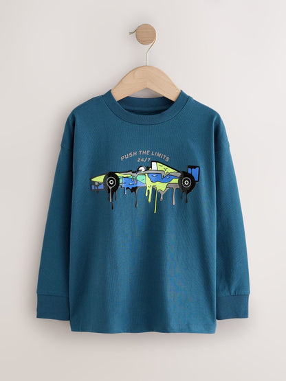 Dsiney Kidz - Navy Blue Racing Car Relaxed Fit Graphic Long Sleeve Cotton T-Shirt (3-16yrs) image 1
