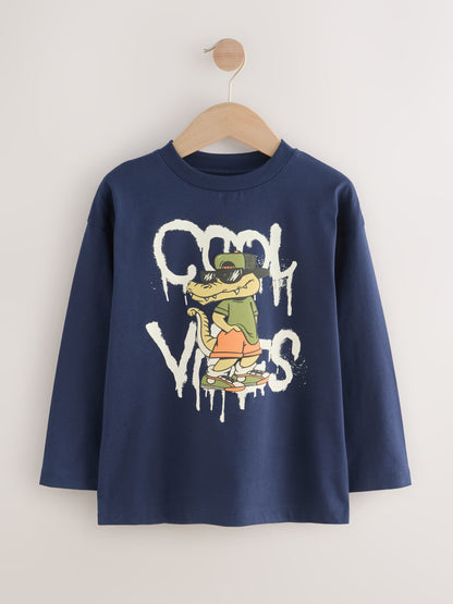 Dsiney Kidz - Navy Blue Crocodile Relaxed Fit Graphic Long Sleeve Cotton T-Shirt (3-16yrs) image 1