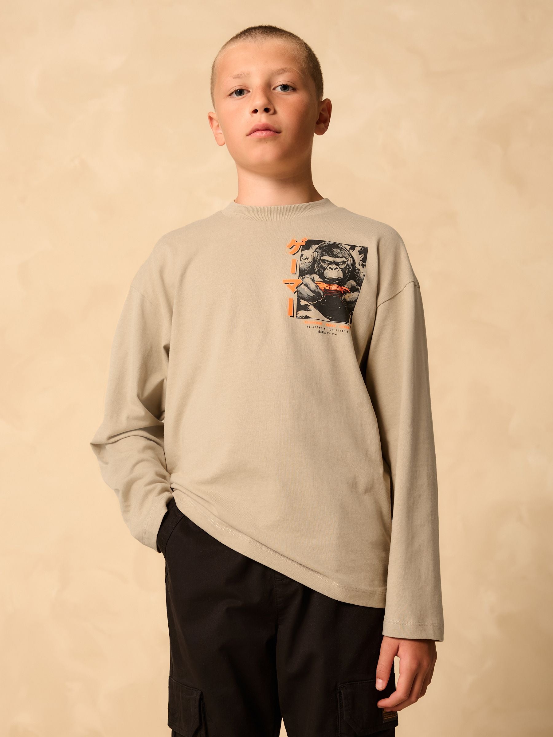 Dsiney Kidz - Stone Gorilla Gamer Relaxed Fit Graphic Long Sleeve Cotton T-Shirt (3-16yrs) image 2