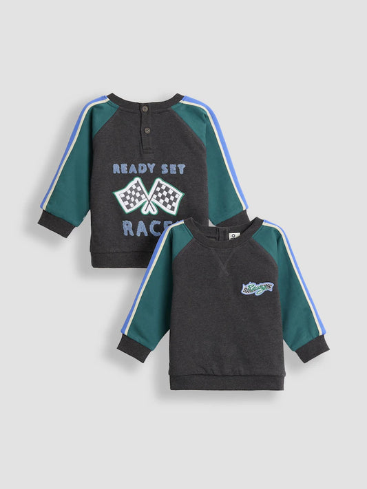JoJo Maman Bébé Charcoal Grey Ready Set Race Applique Sweatshirt
