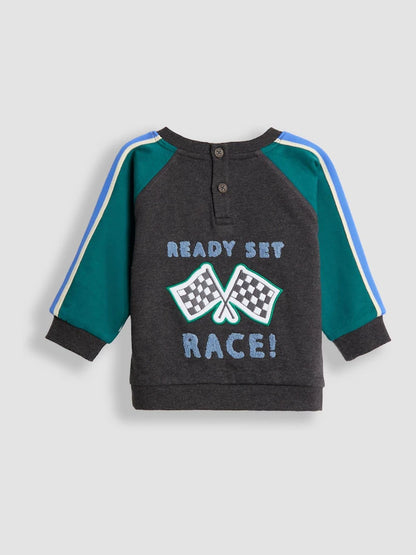 JoJo Maman Bébé Charcoal Grey Ready Set Race Applique Sweatshirt
