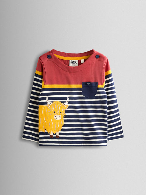JoJo Maman Bébé Navy Blue Highland Cow Stripe Top image 1