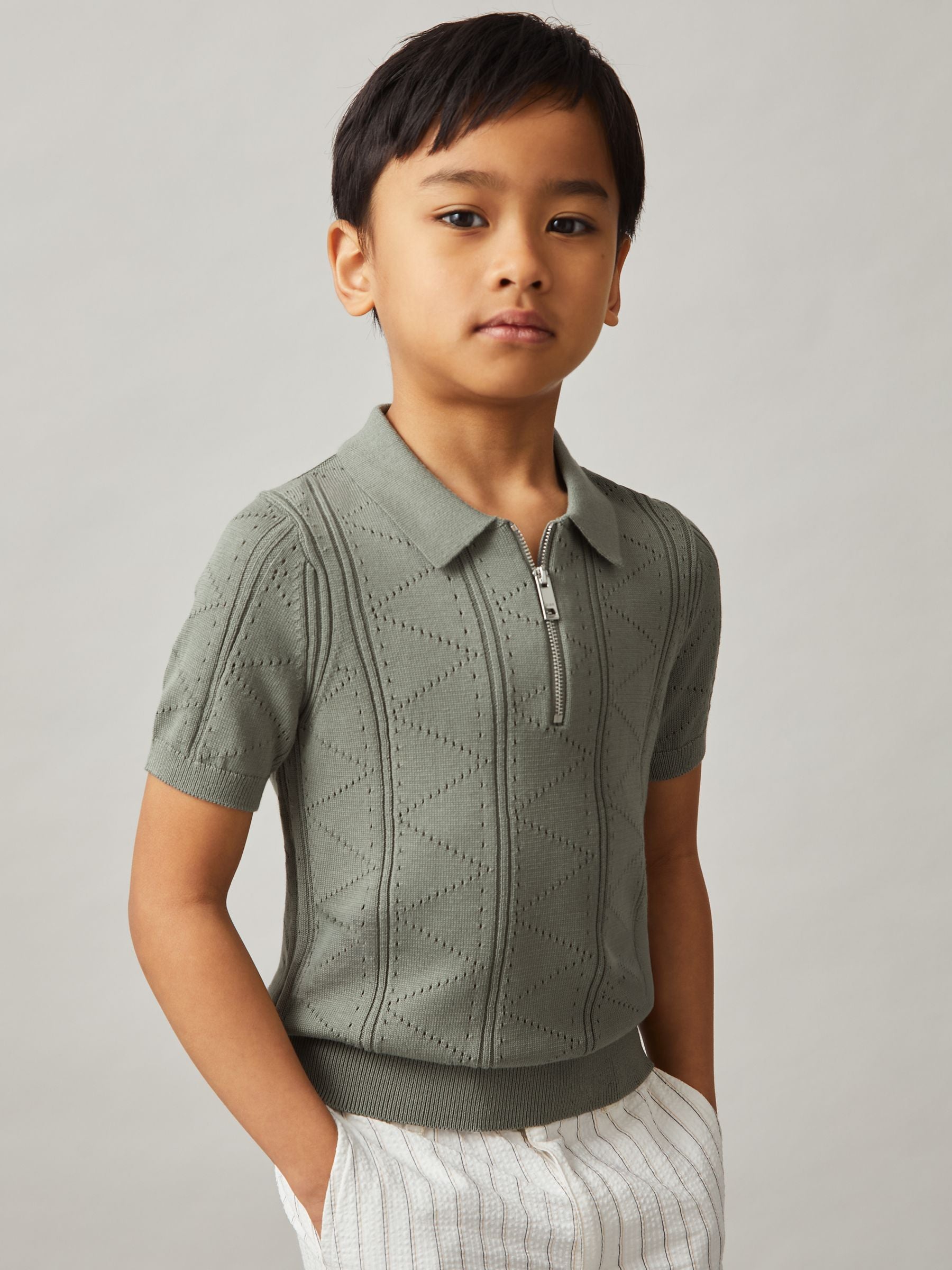 Dsiney Kidz - Reiss Sage Spey 9-13 yrs Half-Zip Pointelle Polo Shirt image 3