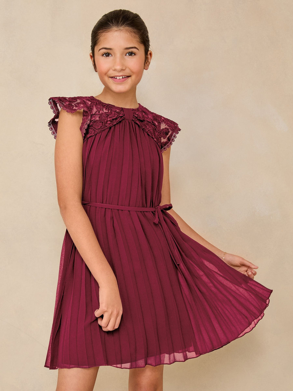 Lipsy Burgundy Red Lace Bow Yolk Pleated Occasion Dress (5-16yrs) - image 1