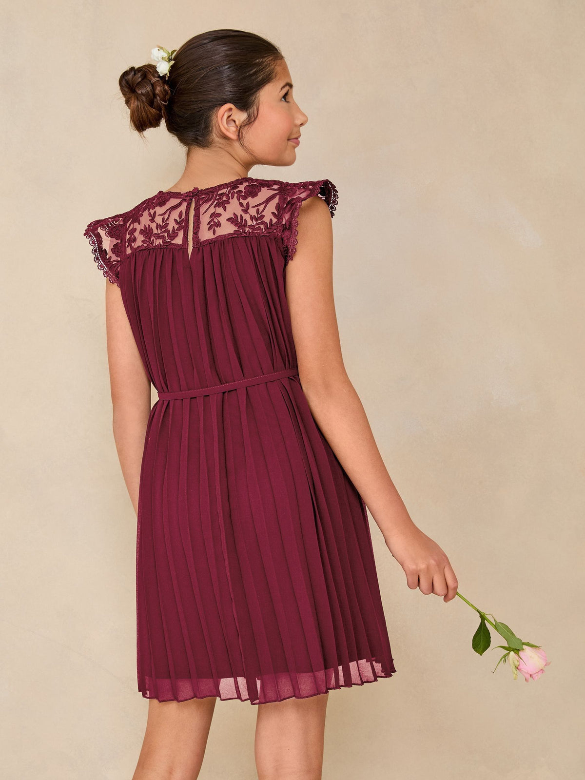 Lipsy Burgundy Red Lace Bow Yolk Pleated Occasion Dress (5-16yrs) - image 4