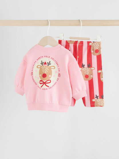 Red/Pink Reindeer Christmas Sweat and Joggers Baby Set (0mths-2yrs)
