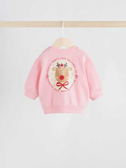 Red/Pink Reindeer Christmas Sweat and Joggers Baby Set (0mths-2yrs)