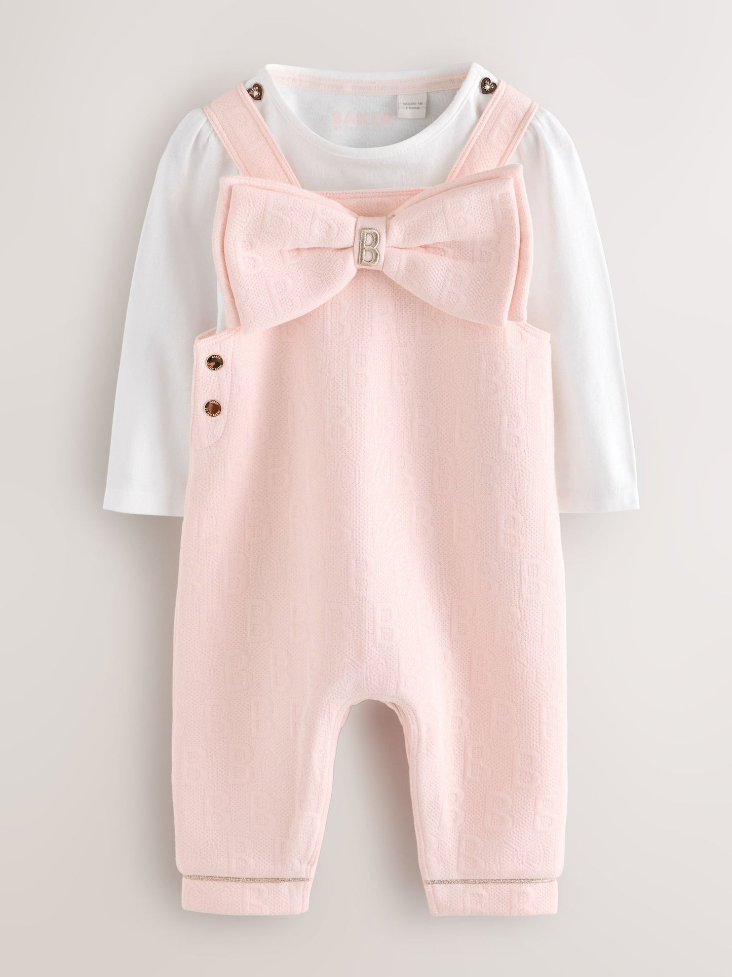 Baker by Ted Baker Pink Jacquard Bow Dungarees & T-Shirt Set