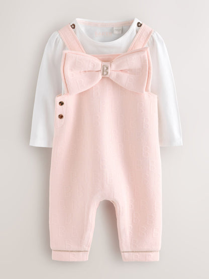 Baker by Ted Baker Pink Jacquard Bow Dungarees & T-Shirt Set