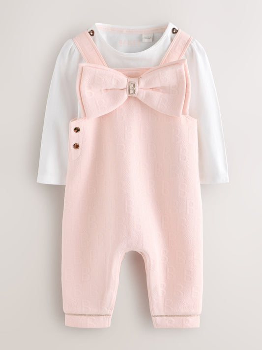 Baker by Ted Baker Pink Jacquard Bow Dungarees & T-Shirt Set image 1
