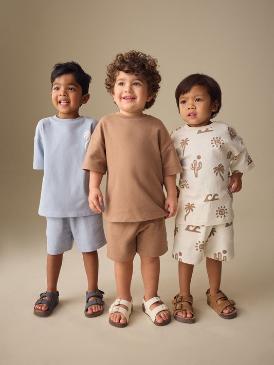 Neutral/Blue/White Cactus Short Sleeve T-Shirt and Shorts Set 3 Pack (3mths-7yrs) image 2