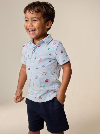 Blue All Over Printed London Short Sleeve Polo Shirt and Shorts Set (3mths-7yrs) image 1