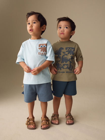 Blue/Brown Dinosaur Spikes Short Sleeve T-Shirt and Shorts Set 2 Pack (3mths-7yrs) image 1